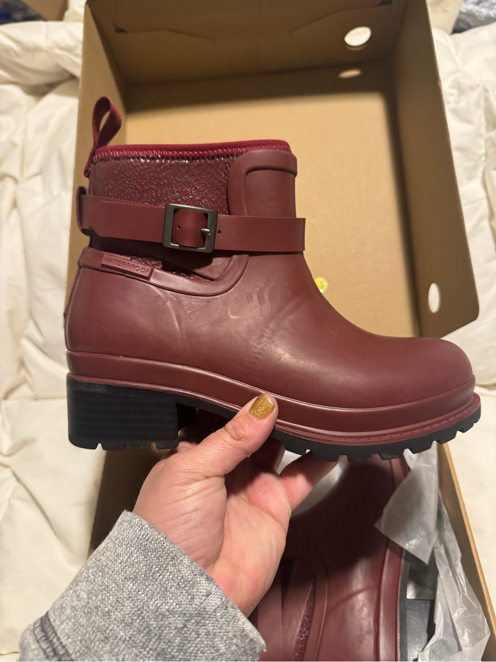 Women's Waterproof Ankle Booties in Burgundy with Buckle Detail
